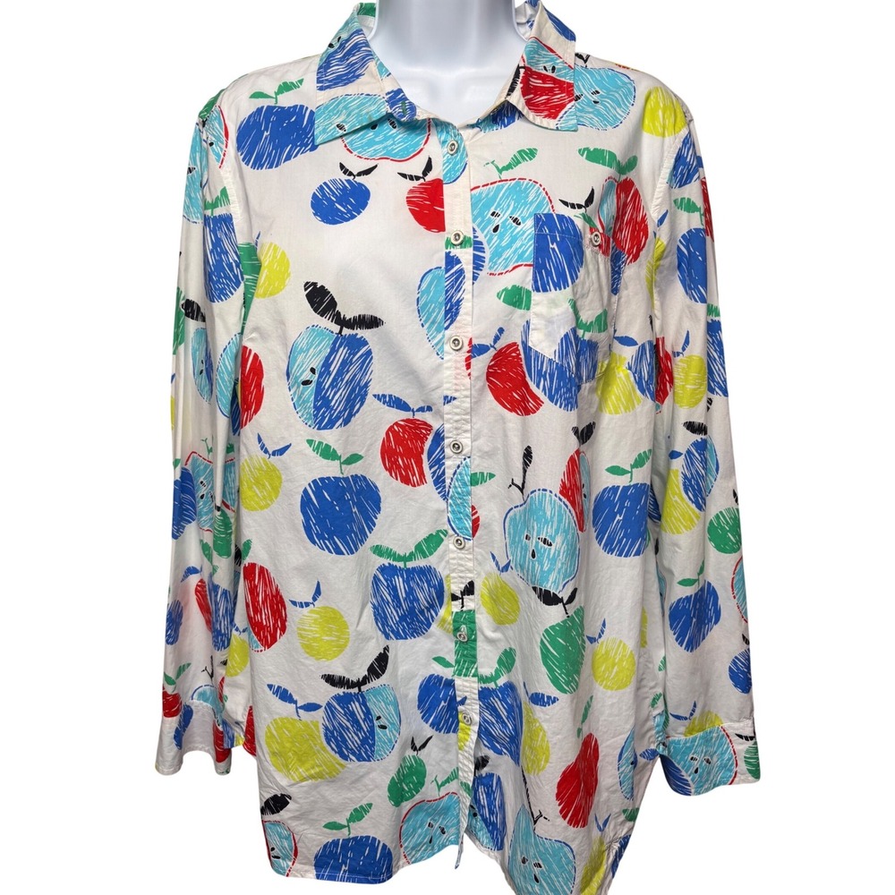 TALBOTS White Apple Print Button Up Shirt L Art Teacher Whimsical Preppy Fruit